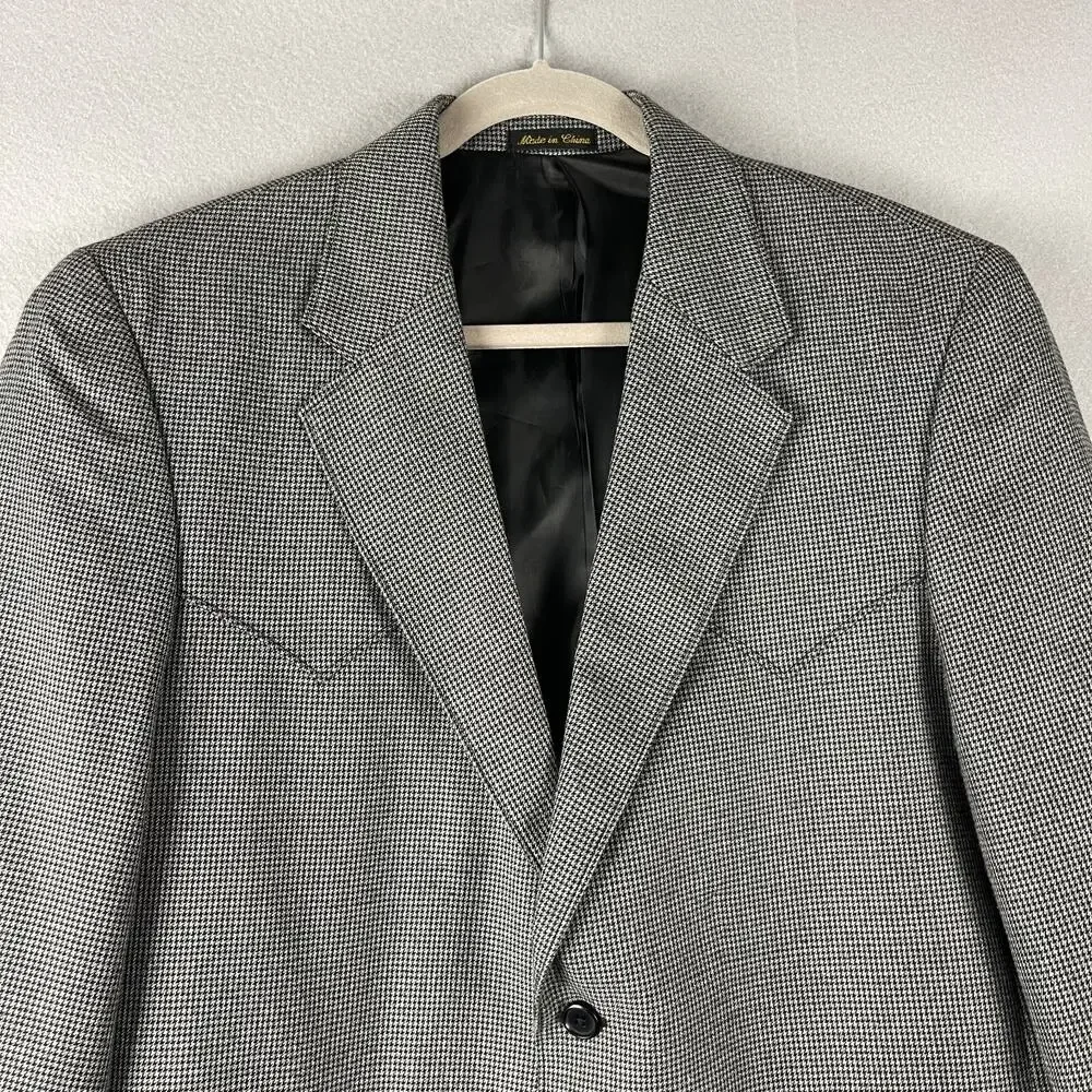Circle S Houndstooth Western Blazer Sport Coat Mens 44R Gray Elbow Patch‎ Cowboy